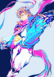 Rule 34 | 1boy, battle tendency, blonde hair, blue nails, bubble, caesar anthonio zeppeli, commentary request, facial mark, feather hair ornament, feathers, fingerless gloves, gloves, green eyes, hair ornament, headband, jacket, jojo no kimyou na bouken, long sleeves, male focus, mizudama, pants, parted lips, short hair, smile, solo, triangle print