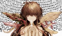 Rule 34 | 1girl, ahoge, angel wings, asymmetrical wings, body horror, breasts, brown eyes, brown hair, chan8016, closed mouth, completely nude, covering own mouth, distortion, dot nose, empty eyes, expressionless, feathered wings, feathers, highres, holding, holding feather, leaf wings, long hair, looking at viewer, mismatched wings, nude, own hands clasped, own hands together, sayonara wo oshiete, sidelocks, small breasts, solo, sugamo mutsuki, translation request, upper body, white background, white feathers, wings