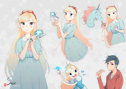 Rule 34 | 1boy, 1girl, aqua dress, artist name, bare arms, black eyes, black hair, blonde hair, blue eyes, breasts, clenched teeth, closed mouth, cropped torso, crown, dress, eyelashes, fake horns, food, frown, grey background, grin, hairband, head, heart, heart cheeks, holding, holding food, holding scissors, holding wand, hood, hood down, hoodie, horned headwear, horns, long hair, long sleeves, looking at another, looking at viewer, looking to the side, marco diaz, mole, mole under eye, motion lines, muito, multiple views, open mouth, pony head, princess pony head, print dress, puffy short sleeves, puffy sleeves, sash, scissors, short sleeves, signature, small breasts, smile, star-shaped pupils, star (symbol), star butterfly, star vs the forces of evil, starry background, swept bangs, symbol-shaped pupils, teeth, unicorn, very long hair, wand, watermark, web address