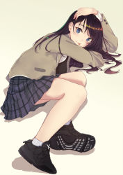 Rule 34 | 1girl, :p, arm up, black footwear, black hair, black skirt, blazer, blue eyes, breasts, brown jacket, closed mouth, full body, hair spread out, highres, itachi kanade, jacket, long hair, long sleeves, looking at viewer, looking back, lying, miniskirt, on side, open clothes, open jacket, original, plaid, plaid skirt, pleated skirt, school uniform, shadow, shirt, shoes, sidelocks, simple background, skirt, small breasts, smile, sneakers, socks, solo, tongue, tongue out, white shirt, white socks, yellow background