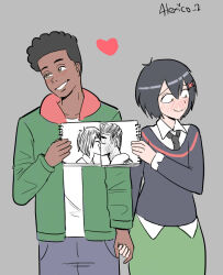 Rule 34 | 1boy, 1girl, afro, artist name, asymmetrical hair, blush, couple, curly hair, dark-skinned male, dark skin, drawing (object), grey background, hair ornament, heart, hetero, highres, holding, holding drawing, holding hands, looking to the side, marvel, miles morales, nose blush, peni parker, short hair, sidecut, simple background, spider-man: across the spider-verse, spider-man (series), spider-verse, thecooleralexico, undercut, x hair ornament