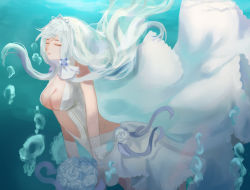Rule 34 | 1girl, air bubble, azur lane, bouquet, breasts, bridal veil, bubble, center opening, cleavage, dress, closed eyes, flower, gloves, illustrious (azur lane), illustrious (morning star of love and hope) (azur lane), large breasts, long hair, mllay, official alternate costume, sleeveless, sleeveless dress, solo, underwater, veil, very long hair, white dress, white flower, white gloves, white hair