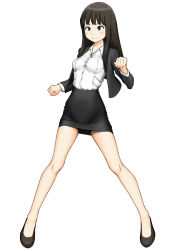 Rule 34 | 1girl, black eyes, black footwear, black hair, black jacket, black skirt, clenched hands, closed mouth, commentary request, dress shirt, flats, formal, full body, jacket, long hair, long sleeves, looking to the side, maburu (lojyq1eur3e8bit), miniskirt, office lady, open clothes, open jacket, original, pencil skirt, shirt, simple background, skirt, skirt suit, smile, solo, standing, straight hair, suit, tachi-e, white background, white shirt, wing collar