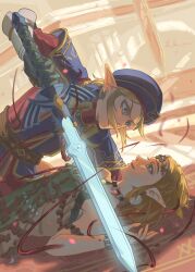 Rule 34 | 1boy, 1girl, armlet, bare shoulders, belt, blonde hair, blue headwear, bracelet, earrings, eye contact, from side, gloves, highres, holding, holding sword, holding weapon, jewelry, link, looking at another, master sword, nintendo, pointy ears, ponytail, princess zelda, shinnya, short hair, sidelocks, smile, sword, the legend of zelda, the legend of zelda: tears of the kingdom, upper body, weapon