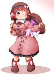 Rule 34 | 1girl, alternate costume, animal ears, backpack, bag, bird ears, bird wings, blush, boots, brown eyes, brown footwear, brown hat, buttons, closed mouth, dress, feathered wings, frilled dress, frills, full body, hat, highres, long sleeves, matty (zuwzi), mystia lorelei, one eye closed, pink dress, pink hair, pink wings, short hair, simple background, solo, touhou, white background, wings