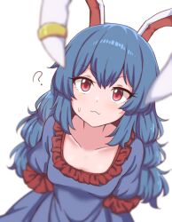 Rule 34 | 1girl, :3, ?, animal ears, arms behind back, blue dress, breasts, closed mouth, collarbone, dress, earclip, frilled dress, frills, long hair, looking at viewer, puffy short sleeves, puffy sleeves, rabbit ears, red eyes, seiran (touhou), short sleeves, simple background, small breasts, solo, sweatdrop, touhou, white background, wool (miwol)