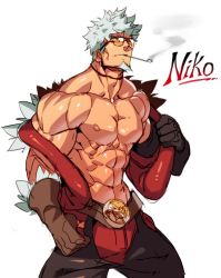 Rule 34 | 1boy, abs, asymmetrical gloves, bara, bare pectorals, black gloves, brown pants, bulge, crotchless, crotchless pants, elbow gloves, facial hair, gloves, goatee, gyee, jacket, large pectorals, male focus, muscular, muscular male, na insoo, navel, niko (na insoo), nipples, open clothes, open jacket, pants, pectorals, red eyes, red jacket, short hair, sleeveless, sleeveless jacket, smoking, solo, spiked hair, stomach, sunglasses, thick thighs, thighs, undressing, uneven gloves, white hair