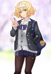 Rule 34 | 1girl, alice margatroid, bag, bag charm, black jacket, black pantyhose, blazer, blonde hair, blue bow, bow, cellphone, character doll, charm (object), day, gyaru, hand in pocket, hataraki kuma, highres, jacket, jewelry, necklace, open clothes, open jacket, outdoors, pantyhose, petals, phone, pink nails, plaid, plaid skirt, pleated skirt, school bag, school uniform, short hair, skirt, smile, standing, striped, striped bow, sweater, touhou