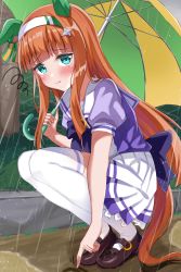 Rule 34 | 1girl, :t, animal ears, blue eyes, blush, commentary request, crouching start, headband, highres, horse ears, horse girl, horse tail, looking at viewer, orange hair, pout, rain, school uniform, silence suzuka (umamusume), sitting, solo, tail, thighhighs, tracen school uniform, umamusume, umbrella, white thighhighs