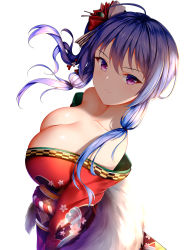 Rule 34 | 1girl, ahoge, alternate costume, alternate hairstyle, azur lane, bare shoulders, blue hair, blush, breasts, cleavage, closed mouth, collarbone, floating hair, hair between eyes, highres, japanese clothes, kimono, large breasts, light, long hair, looking at viewer, obi, off shoulder, purple eyes, red kimono, sash, sidelocks, simple background, smile, solo, st. louis (azur lane), st. louis (spirits in the snow) (azur lane), white background, wind, wsman