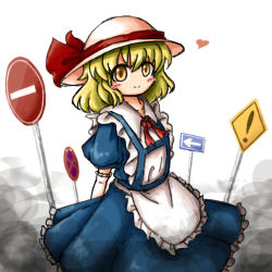 Rule 34 | 1girl, apron, be careful sign, blonde hair, blue dress, blush, bow, closed mouth, collared shirt, commentary request, dress, elbow gloves, frilled apron, frilled gloves, frills, gloves, hair between eyes, hat, hat bow, heart, heripantomorrow, kana anaberal, medium hair, neck ribbon, no parking sign, one way sign, puffy short sleeves, puffy sleeves, red bow, red ribbon, ribbon, road sign, shirt, short sleeves, sign, smile, solo, stop sign, sun hat, touhou, wavy hair, white background, white gloves, white hat, white shirt, yellow eyes
