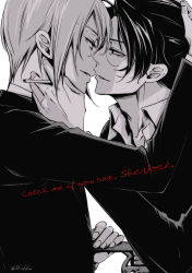 Rule 34 | 1chikko, 2boys, black hair, black suit, blonde hair, character name, cigarette, collar, english text, eyelashes, face-to-face, formal, gun, hand on another&#039;s head, highres, male focus, monochrome, multiple boys, profile, sherlock holmes (yuukoku no moriarty), simple background, suit, twitter username, weapon, white background, william james moriarty, yaoi, yuukoku no moriarty