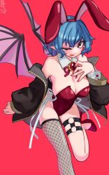 Rule 34 | 1girl, absurdres, alternate costume, animal ears, bare shoulders, bat wings, black jacket, blue hair, blush, bow, bowtie, breasts, brooch, cleavage, detached collar, fake animal ears, fang, fishnet thighhighs, fishnets, gem, high heels, highres, jacket, jewelry, large breasts, leotard, looking at viewer, o-ring, o-ring thigh strap, one eye closed, open mouth, playboy bunny, pointy ears, rabbit ears, red background, red eyes, red footwear, red gemstone, red leotard, red nails, remilia scarlet, short hair, simple background, single thighhigh, solo, standing, standing on one leg, strapless, strapless leotard, tearing up, thigh strap, thighhighs, touhou, wings, wrist cuffs, zakozako y