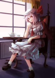 Rule 34 | 1girl, ascot, bat wings, blue hair, canae0, chair, cup, female focus, full body, hat, hat ribbon, indoors, kettle, red eyes, remilia scarlet, ribbon, short hair, sitting, solo, table, teacup, touhou, window, wings