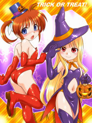Rule 34 | 00s, 2girls, :o, ass, bare shoulders, blonde hair, blue eyes, blush, boots, brown hair, clothing cutout, costume, elbow gloves, english text, fate testarossa, gloves, hair down, halloween, hat, jack-o&#039;-lantern, leotard, long hair, lyrical nanoha, mahou shoujo lyrical nanoha, mini hat, mini top hat, multiple girls, navel, navel cutout, nishi kita, red eyes, smile, star (symbol), sweatdrop, takamachi nanoha, thigh boots, thighhighs, top hat, trick or treat, twintails, witch hat