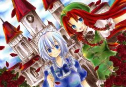 Rule 34 | 2girls, bad id, bad pixiv id, braid, castle, chinese clothes, clock, embodiment of scarlet devil, female focus, flower, hat, hong meiling, izayoi sakuya, light purple hair, long hair, maid, maid headdress, marker (medium), multiple girls, namakuby, open mouth, outstretched arm, outstretched hand, petals, red eyes, ribbon, rose, scarlet devil mansion, short hair, short sleeves, smile, touhou, traditional media, twin braids, watch