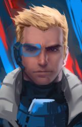 Rule 34 | 1boy, aged down, blonde hair, blue background, brown eyes, headset, highres, jacket, looking at viewer, male focus, official alternate costume, overwatch, overwatch 1, portra, portrait, realistic, red background, serious, short hair, soldier: 76 (overwatch), solo, strike-commander morrison, visor, yy6242