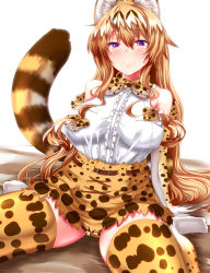 Rule 34 | 10s, 1girl, animal ears, animal print, bare shoulders, belt, blonde hair, blush, bow, bowtie, breast pocket, breasts, cameltoe, cat ears, cat tail, cosplay, elbow gloves, fat mons, gloves, hair between eyes, hair bow, highres, kemono friends, large breasts, long hair, looking at viewer, medium breasts, panties, pocket, print panties, purple eyes, serval (kemono friends), serval (kemono friends) (cosplay), serval print, serval tail, shirt, sidelocks, sitting, skindentation, skirt, sleeveless, sleeveless shirt, slit pupils, smile, solo, tail, taut clothes, taut shirt, thick thighs, thighhighs, thighs, touhou, underwear, very long hair, wariza, white background, white shirt, white thighhighs, yakumo yukari, zan (harukahime)