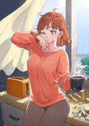 Rule 34 | 1girl, breasts, coffee, coffee mug, commentary request, cup, curtains, drawer, highres, holding, holding cup, indoors, jun (navigavi), leaning on table, long sleeves, medium hair, messy hair, mug, one eye closed, original, red eyes, red hair, shirt, solo, steam, toaster, window, wrapper