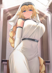 Rule 34 | 1girl, arms behind back, blonde hair, blue eyes, blush, braid, braided ponytail, breasts, cross, cross necklace, detached sleeves, dress, fate/apocrypha, fate (series), habit, highres, jeanne d&#039;arc (fate), jeanne d&#039;arc (ruler) (fate), jewelry, kakeku, large breasts, long braid, long hair, looking at viewer, necklace, nun, single braid, smile, solo, very long hair, white dress