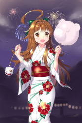 Rule 34 | 10s, 1girl, :d, ahoge, bad id, bad pixiv id, brown eyes, brown hair, cnm, cotton candy, fireworks, floral print, huge ahoge, japanese clothes, kantai collection, kimono, kuma (kancolle), nigh sky, night, night sky, obi, open mouth, sash, sky, smile, solo, yukata