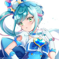 Rule 34 | 1girl, back bow, blue bow, blue choker, blue hair, bow, brooch, choker, cure spicy, delicious party precure, fuwa kokone, gloves, green eyes, hair bow, hair rings, head tilt, heart, heart brooch, huge bow, jewelry, long hair, looking at viewer, magical girl, multicolored hair, parted lips, pink hair, precure, simple background, solo, twitter username, two-tone hair, upper body, white background, white gloves, yukinko (yukiwork)