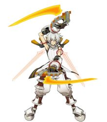 Rule 34 | .hack//, .hack//g.u., .hack//link, 00s, 1boy, armor, armpits, bandai, bare shoulders, cyber connect 2, dual wielding, full body, gloves, grey hair, gun, haseo, haseo (.hack//), holding, male focus, official art, short hair, simple background, smile, solo, tattoo, weapon, white background