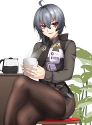 Rule 34 | 1girl, bartender, black hair, black necktie, brown pantyhose, chair, closed mouth, coffee, coffee mug, crossed legs, cup, grey shirt, highres, holding, holding cup, honkai (series), honkai impact 3rd, lion space, lipstick, long sleeves, looking at viewer, makeup, medium hair, mole, mole under mouth, mug, necktie, pantyhose, polo shirt, purple eyes, raven (honkai impact), shirt, simple background, sitting, smile, solo, table, white background