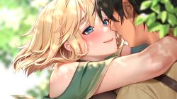 Rule 34 | 1boy, 1girl, arm around neck, black hair, blonde hair, blue eyes, blurry, blurry background, blush, breasts, cleavage, closed mouth, couple, dorei himekishi to dorei jijo to no slow life, eleanor (dorei himekishi to dorei jijo to no slow life), game cg, garland (dorei himekishi to dorei jijo to no slow life), hair over eyes, half-closed eyes, hetero, highres, masami chie, medium hair, official art, short hair, smile