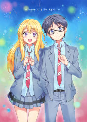 Rule 34 | 1boy, 1girl, arima kousei, black hair, blonde hair, blue eyes, blue shirt, blush, collared shirt, commentary request, copyright name, cowboy shot, glasses, grey pants, hand in pocket, hand up, jacket, layered sleeves, long hair, looking at viewer, miyazono kawori, mongble, multicolored background, necktie, open mouth, own hands together, pants, plaid, plaid skirt, pleated skirt, red neckwear, school uniform, shigatsu wa kimi no uso, shirt, short hair, skirt, smile, teeth, upper teeth only