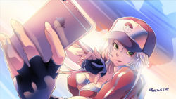 Rule 34 | 10s, 1girl, 2016, azitama atsushi (attyuu), baseball cap, blonde hair, breasts, cellphone, cleavage, dated, female protagonist (pokemon go), fingerless gloves, gloves, green eyes, hat, highres, large breasts, phone, pokemon, pokemon go, smartphone, solo