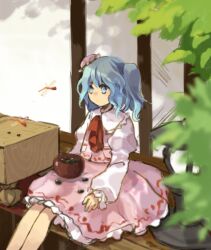 Rule 34 | 1girl, ascot, blue eyes, blue hair, board game, bun cover, bush, closed mouth, frilled shirt collar, frilled skirt, frilled sleeves, frills, go (board game), hair bun, juliet sleeves, kaigen 1025, long sleeves, medium hair, pink skirt, pink vest, portrait of exotic girls, puffy sleeves, purple-haired oekaki girl (touhou), red ascot, shirt, side ponytail, single hair bun, sitting, skirt, solo, touhou, vest, white shirt, zun (style)