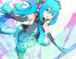 Rule 34 | 1girl, amder, aqua eyes, aqua hair, bad id, bad pixiv id, detached sleeves, elbow gloves, gloves, hatsune miku, headset, long hair, necktie, open mouth, skirt, solo, thighhighs, twintails, vocaloid