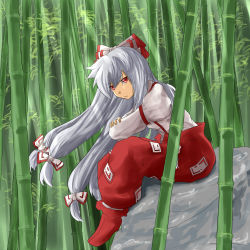 Rule 34 | 1girl, :/, ao-shiba, arm rest, armband, bamboo, bamboo forest, boots, crossed arms, day, forest, frown, fujiwara no mokou, hair between eyes, hair ribbon, knees up, leaning forward, light rays, long hair, long sleeves, looking at viewer, low-tied long hair, nature, ofuda, outdoors, pants, red eyes, red footwear, ribbon, rock, silver hair, sitting, sitting on rock, solo, sunbeam, sunlight, suspenders, touhou, very long hair