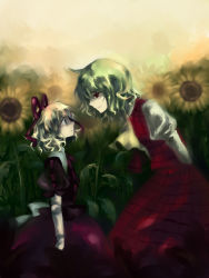 Rule 34 | 2girls, bad id, bad pixiv id, doll joints, eye contact, female focus, field, flower, flower field, fori, from side, hair ribbon, joints, kazami yuuka, leaning forward, looking at another, medicine melancholy, multiple girls, plaid, plaid skirt, plaid vest, ribbon, shaded face, skirt, smile, sunflower, sunflower field, touhou, vest