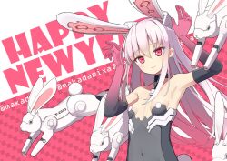 Rule 34 | 1girl, :3, animal ears, arms up, bare shoulders, black gloves, black leotard, breasts, chinese zodiac, closed mouth, collarbone, commentary request, covered navel, elbow gloves, gloves, gradient gloves, hair between eyes, happy new year, highres, leotard, long hair, looking at viewer, makadamixa, mecha musume, mechanical ears, new year, non-humanoid robot, original, pink gloves, pink hair, rabbit, rabbit ears, rabbit tail, red eyes, robot, robot animal, small breasts, solo, tail, twitter username, upper body, very long hair, year of the rabbit