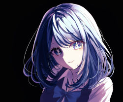 Rule 34 | 1girl, absurdres, black background, blue bow, blue bowtie, blue eyes, blue hair, blue sweater vest, bow, bowtie, chimy, collared shirt, commentary request, hair between eyes, highres, kurokawa akane, looking at viewer, medium hair, oshi no ko, parted lips, shade, shirt, sidelighting, simple background, smile, solo, star-shaped pupils, star (symbol), sweater vest, symbol-shaped pupils, upper body, white shirt