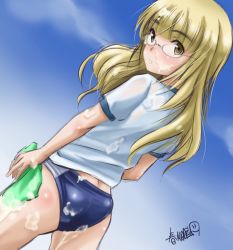 Rule 34 | 1girl, artist name, ass, bad id, bad twitter id, blonde hair, blue background, blue buruma, blue sky, blunt bangs, buruma, cloud, cowboy shot, day, dutch angle, from behind, glasses, gradient background, gym uniform, haruhata mutsuki, looking at viewer, looking back, perrine h. clostermann, shirt, sky, soap bubbles, solo, standing, strike witches, white shirt, world witches series, yellow eyes