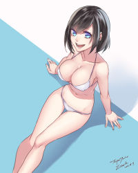 Rule 34 | 1girl, 2016, :d, arms at sides, artist name, bare legs, bare shoulders, bikini, blue background, blue eyes, breasts, brown hair, cleavage, collarbone, covered erect nipples, dated, fingernails, from above, groin, large breasts, legs, looking at viewer, navel, open mouth, original, shadow, short hair, signature, sitting, smile, solo, stomach, strap gap, string bikini, swimsuit, teeth, tenjou tsuki, thigh gap, two-tone background, white background, white bikini