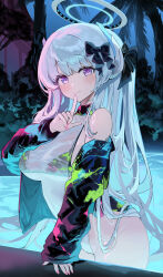 Rule 34 | 1girl, absurdres, alternate costume, bikini, black bikini, blue archive, blush, breasts, closed mouth, cowboy shot, grey hair, halo, highres, jacket, kabedoru, large breasts, long hair, long sleeves, looking at viewer, mechanical halo, night, noa (blue archive), open clothes, open jacket, outdoors, pool, purple eyes, smile, solo, swimsuit