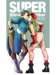 Rule 34 | 2girls, ass, bent over, blonde hair, blue eyes, bodypaint, boots, bracelet, braid, braided ponytail, brown hair, cammy white, capcom, chinese clothes, chun-li, eyeshadow, gloves, hair ornament, hairclip, hand on own hip, highres, jewelry, makeup, multiple girls, pantyhose, rocohisaya, scar, socks, spiked bracelet, spikes, stare down, street fighter