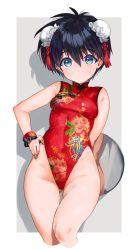 Rule 34 | 1girl, adapted costume, bare shoulders, black hair, blue eyes, breasts, chinese clothes, covered navel, double bun, floral print, genderswap, genderswap (mtf), gluteal fold, hair between eyes, hand on own hip, highleg, highleg leotard, highres, houshin engi, leotard, looking at viewer, mimoza (96mimo414), red leotard, short hair, small breasts, solo, sweatdrop, taikoubou, thighs, tray