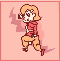 Rule 34 | 1girl, 5-volt, apron, chibi, clenched hands, dubiousdummy, from behind, hair ornament, hairclip, hood, hoodie, jumping, looking at viewer, looking back, open mouth, pants, solo, warioware