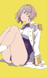 Rule 34 | 1girl, akasakaa, arm support, ass, blue eyes, breasts, corset, grey hair, gridman universe, highres, jacket, large breasts, looking at viewer, military jacket, mujina, necktie, purple shorts, short hair, shorts, sitting, solo, ssss.dynazenon, thighs, white jacket