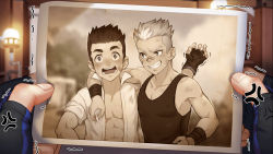 Rule 34 | 2boys, arm around shoulder, artist request, black tank top, blush, child, eddie (gyee), gyee, highres, holding, male focus, miles (gyee), multiple boys, official art, official wallpaper, open clothes, open shirt, photo (object), short hair, smile, spiked hair, tank top, toned, toned male, upper body
