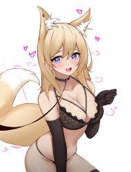 Rule 34 | 1girl, :d, absurdres, animal ear fluff, animal ears, bare shoulders, black collar, black gloves, black panties, black thighhighs, blonde hair, blue eyes, blush, breasts, cleavage, collar, collarbone, commentary, ear piercing, elbow gloves, english commentary, extra ears, fang, fox ears, fox girl, fox tail, gloves, groin, hair between eyes, hand up, heart, heart-shaped pupils, highres, large breasts, leash, long hair, looking at viewer, motion lines, navel, open mouth, original, panties, parfait desu, piercing, pov, simple background, sitting, smile, solo, symbol-shaped pupils, tail, teeth, thighhighs, underwear, upper teeth only, vanica (parfait desu), viewer holding leash, white background