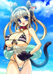 Rule 34 | 1girl, abs, animal ears, animal hands, beach, bell, bikini, blonde hair, blue eyes, breasts, cat ears, cat paws, cat tail, collar, covered erect nipples, day, fang, front-tie top, gloves, hair ribbon, hairband, highres, huge breasts, innertube, ishida hiroyuki, jingle bell, long hair, micro bikini, neck bell, o-ring, o-ring bikini, ocean, open mouth, original, outdoors, paw gloves, puffy nipples, ribbon, shiny skin, sky, smile, solo, striped bikini, striped clothes, swim ring, swimsuit, tail, twintails, waves
