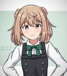Rule 34 | 1girl, :3, bow, bowtie, brown eyes, collared shirt, dated, double bun, dress, dress shirt, green bow, green bowtie, hair bun, hands on own hips, highres, kantai collection, konato k, light brown hair, medium hair, michishio (kancolle), michishio kai ni (kancolle), one-hour drawing challenge, pinafore dress, shirt, short twintails, sleeveless, sleeveless dress, smile, solo, twintails, twitter username, upper body, white shirt