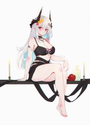 Rule 34 | 1girl, apple, arknights, arm rest, banhuaaidie, bare arms, bare shoulders, bikini, black bikini, black choker, black horns, blush, body blush, breasts, candle, candlestand, chinese commentary, choker, chromatic aberration, cleavage, closed mouth, collarbone, commentary request, dated, eyes visible through hair, flower, food, fruit, full body, grey hair, hair between eyes, hair flower, hair ornament, highres, horns, jewelry, large breasts, long hair, looking at viewer, material growth, mudrock (arknights), mudrock (silent night) (arknights), official alternate costume, orange eyes, oripathy lesion (arknights), pendant, pointy ears, red apple, red flower, ribbon, sitting, solo, swimsuit, white background, white ribbon, yellow flower