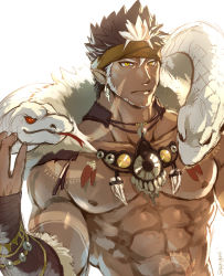 Rule 34 | 1boy, abs, arm tattoo, bara, beard, brown hair, dark-skinned male, dark skin, earrings, facial hair, headband, highres, jewelry, large pectorals, long sideburns, male focus, multicolored hair, muscular, necklace, nipples, pectorals, pointy ears, sideburns, sky (sora no gomibako), snake, solo, spiked hair, stomach tattoo, tangaroa (housamo), tattoo, tokyo houkago summoners, tooth necklace, upper body, white hair, yellow eyes